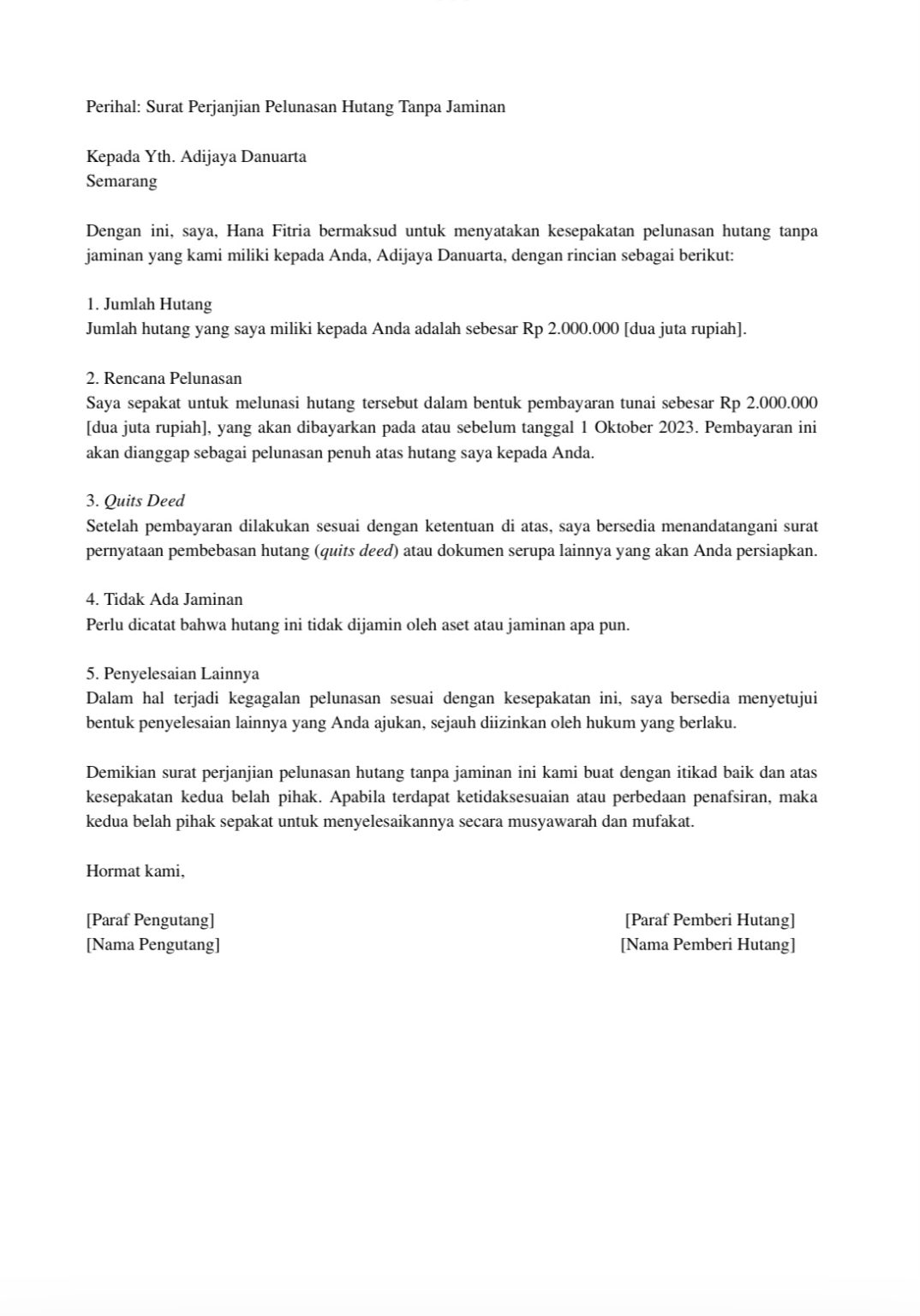 8 Contoh Surat Perjanjian Pelunasan Hutang dan Strukturnya